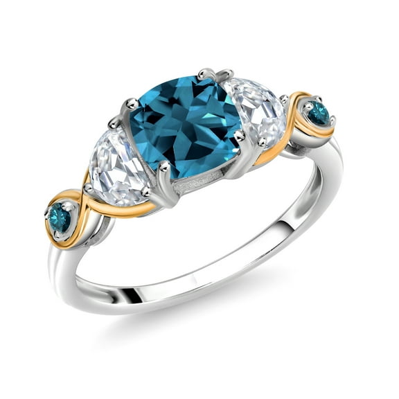 Gem Stone King 925 Silver and 10K Yellow Gold 3-Stone Ring Cushion Topaz Half Moon Moissanite and Blue Diamond (1.85 Carat Cttw) (Size 6)