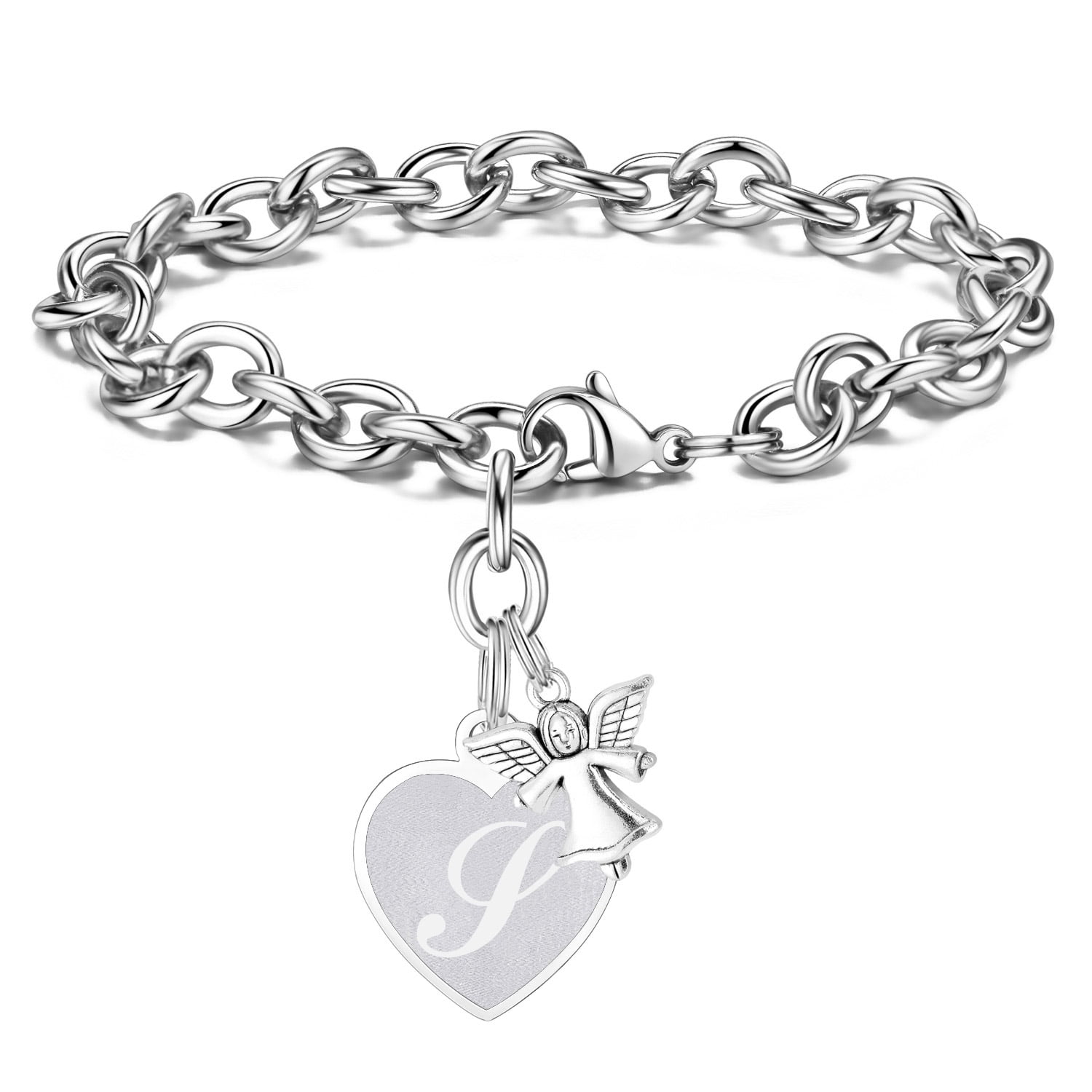 Love Heart Initial Bracelets Silver, 26 Alphabets I / High Polished