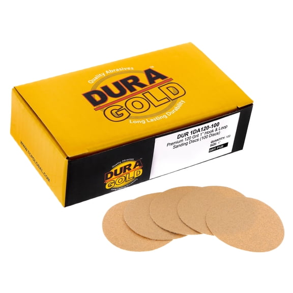 Dura-Gold - Premium - 120 Grit 1" Gold Hook & Loop Sanding Discs for DA Sanders - Box of 100 Sandpaper Finishing Discs for Auto and Woodworking