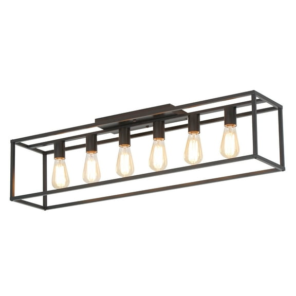 38" 6-Light Farmhouse Black Rectangle Cage Close to Ceiling Light for Living Dining Room