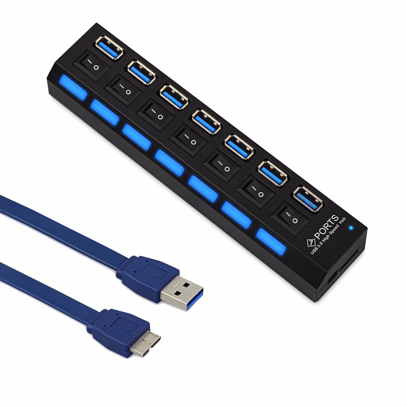 7port 5Gbps USB 3.0 HUB With Power On Off Switch High Speed Adapter Cable For PC