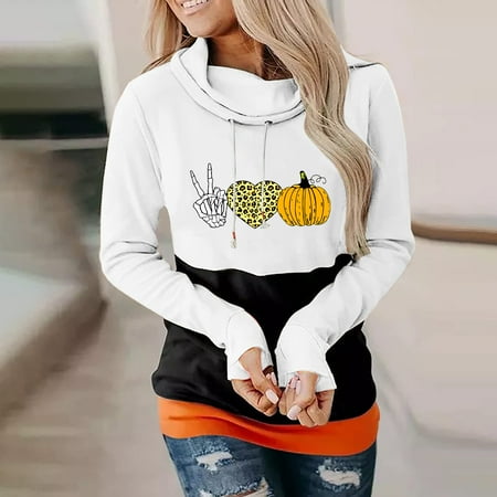 

jsaierl Sweatshirts Women Loose Fit Long Sleeve Hooded Pullover Pumpkin Halloween Hoodies Sweatshirt Womens Fall Tops Cute Print Pullover for Teen Girls