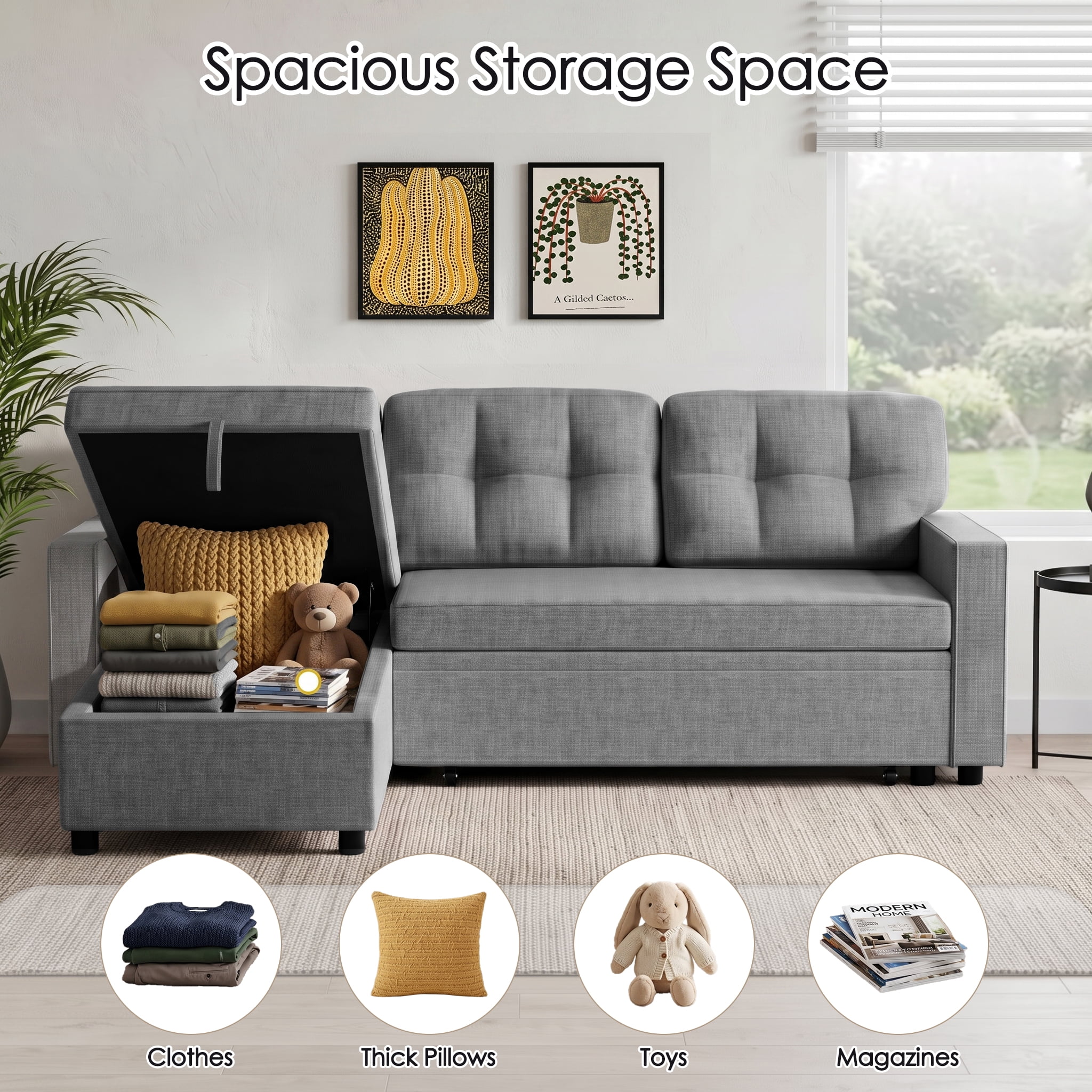 avobird 82" L Shaped Sleeper Sofa Bed, 3-Seat Convertible Sectional Couches with Storage Chaise, Linen Fabric Pull Out Couch for Living Rooms, Apartment, Light Gray