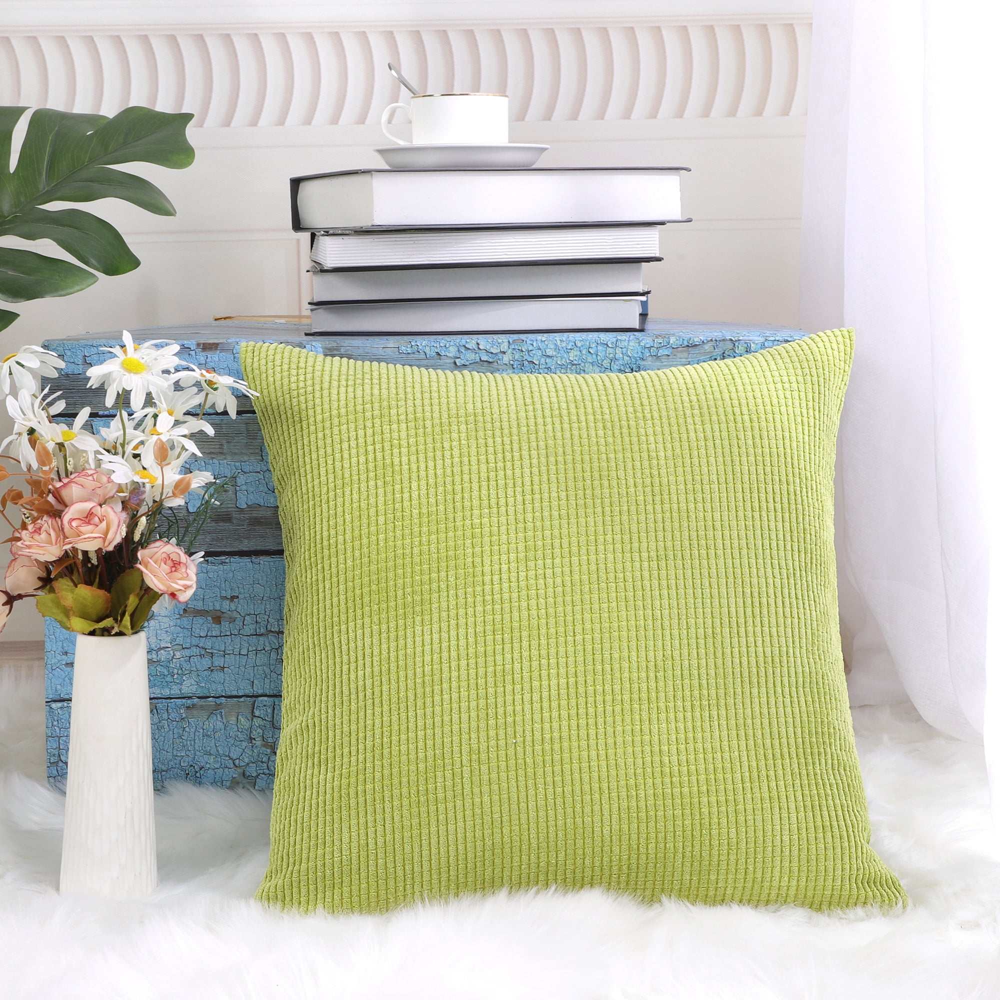 PiccoCasa Velvet Corn Striped Square Throw Pillow Cover, Light Green, 26"x26"