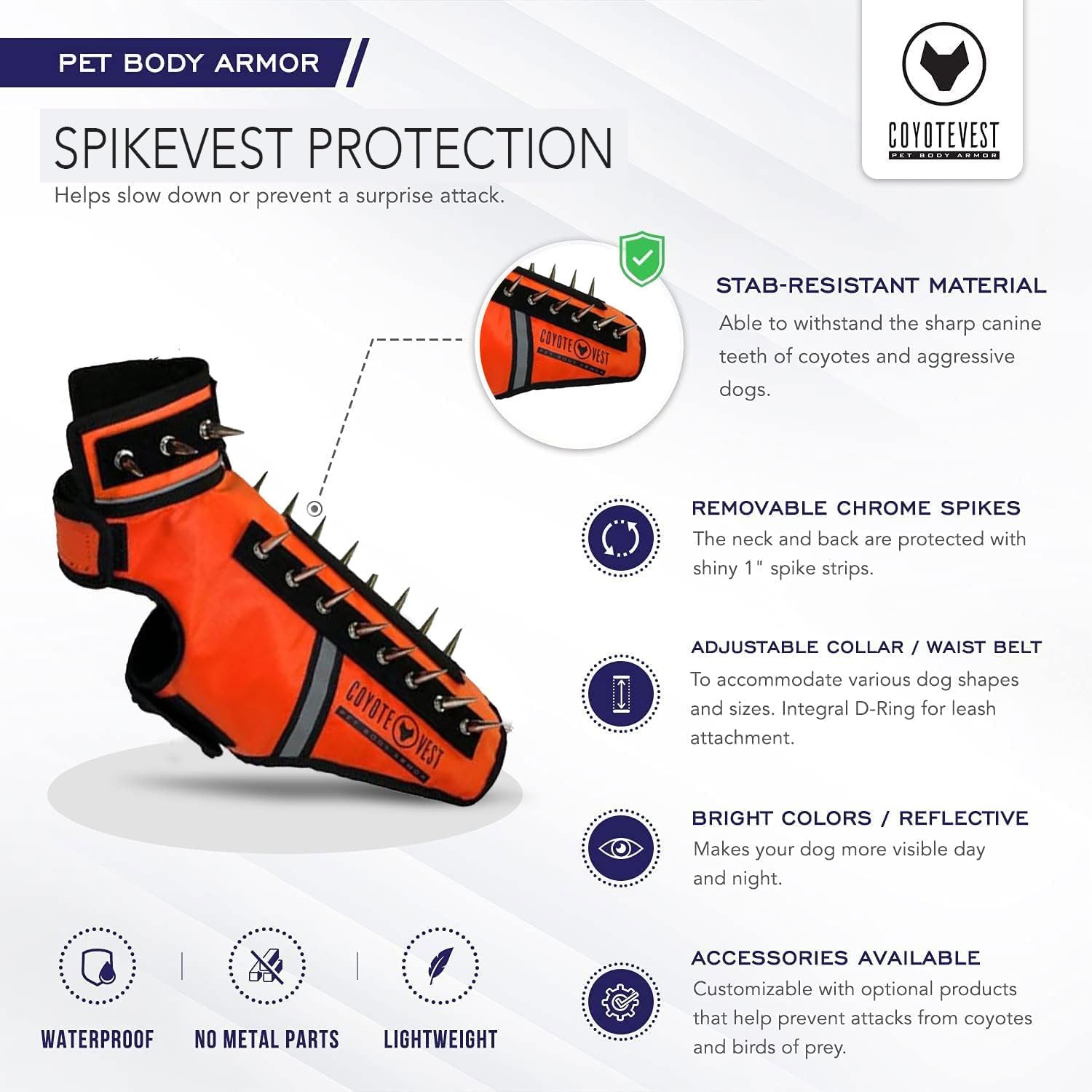CoyoteVest SpikeVest (XS - Fluorescent Orange) Dog Harness Vest for Small Dogs, Reflective Dog Vest with Spikes to Shield Your pet from Coyotes, Raptor and Animal Attacks, Anti Hawk Vest, Made in USA