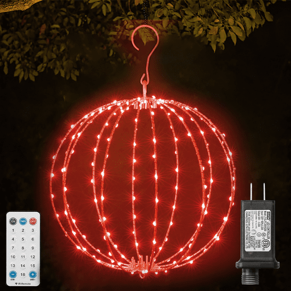 12INCH Outdoor/Indoor LED Christmas Light Ball,Foldable Metal Sphere Lights, Connectable Waterproof 16 Modes with Timer, Hanging Tree Globe Lights for Holiday Christmas Decorations (RED)