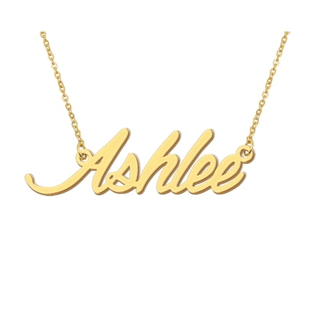HUAN XUN 18k Gold Plated Ashlee Name Necklace Stainless Steel Nameplate Necklaces for Womens Mens Mother Day Christmas Jewelry Gift