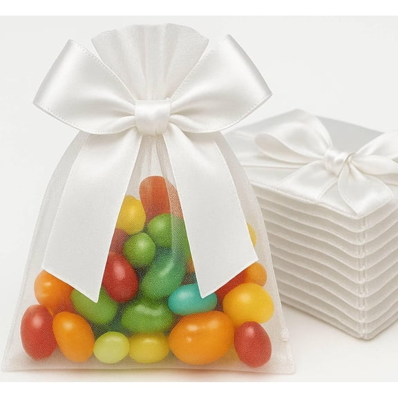 50 Pcs White Sheer Organza Jewelry Gift Bags with Attached Bows, 3.5"x4.72" Drawstring Bags, Elegant Wedding Favor for Party、Wedding