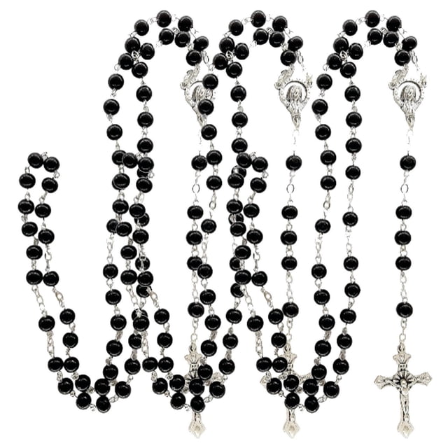 Collar de rosario VentDepot CatholicDivin08 3Pzas 57cm 2.2x3.7cm Cruz Cuentas 8mm Vidrio Negro