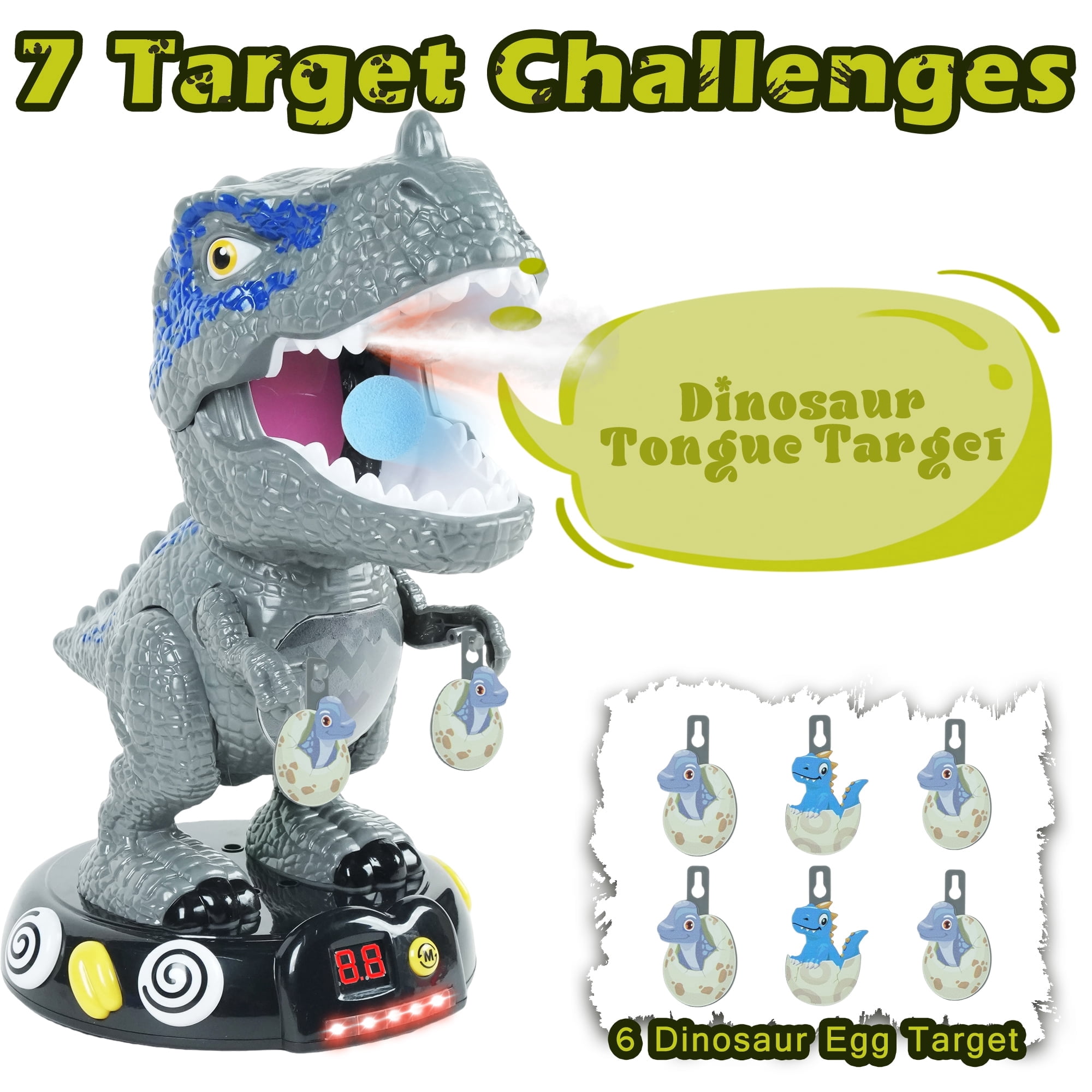 JUGAAD LIFE Dinosaur Shooting Toys for Kids, Movable Target Shooting Games with 2 Air Pump Blasters, 48 Foam Balls and LED Score, Birthday Gifts for 3 4 5 6 7 Years Old Boys - Gray