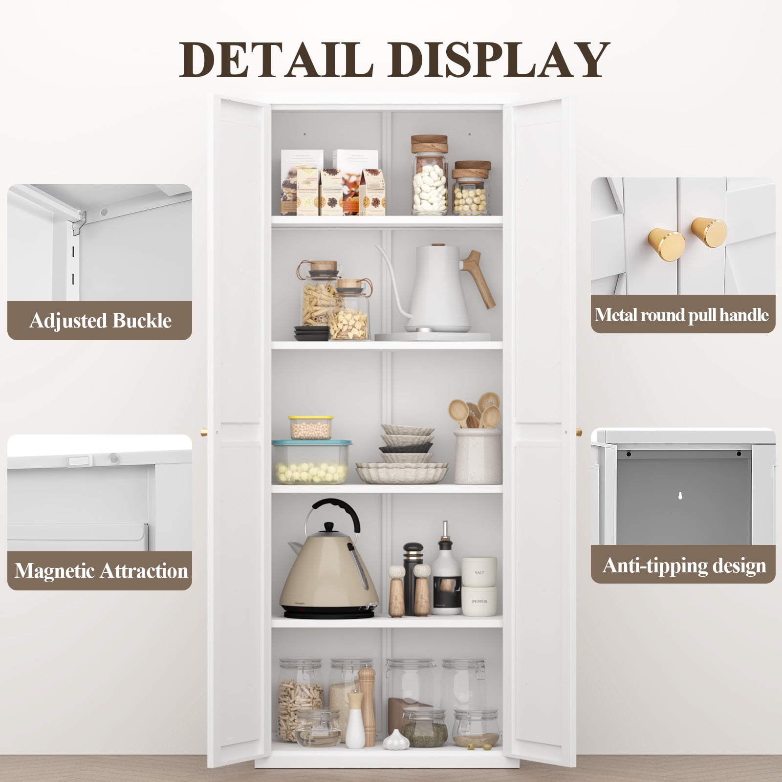 Adjustable 2 Doors Storage Cabinet, Kitchen Pantry Cabinet With Adjustable Shelves Tall Steel Cabinet Locker For Kitchen, Living Room, Dining Room and Office