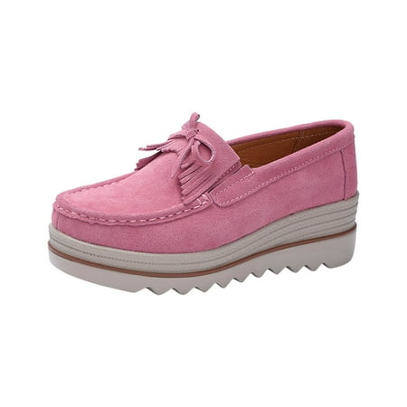 hopeusnice Clearance Women s Suede Loafers Slip On Wedge Platform Shoes Comfortable Breathable Bowknot Tassel Flatform Walking Shoes Yellow 35