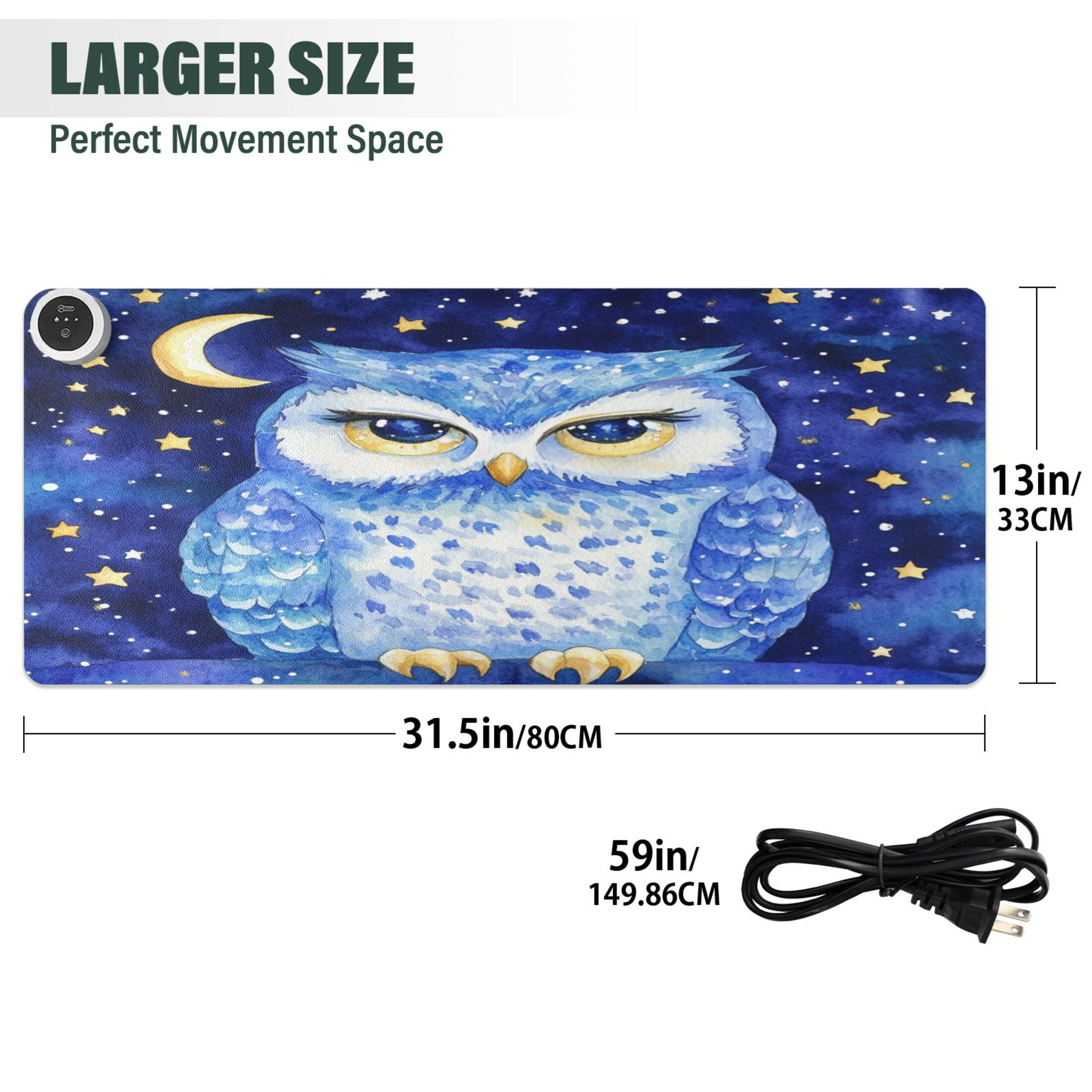 Wobogo Blue Starry Owl Heated Mouse Pad Extra-Large Desk Mat With 3 Heating Levels and 3-hour Auto Shut-Off Protection Ideal for Computer Keyboards Home Office Hand-warming Essential 31.5in × 13in