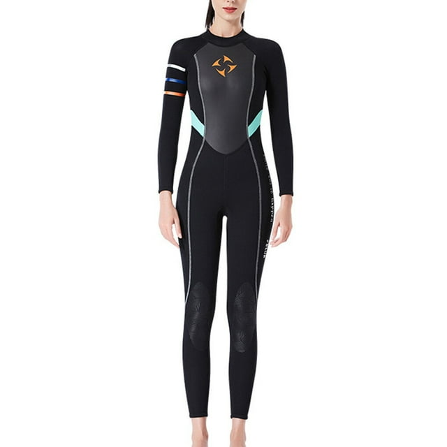 Maillot de Bain 3MM Multicolore Col Rond une Pièce Manches Longues Fermeture Éclair Ensemble Réglable Élastique Vêtements de Bain Noir L