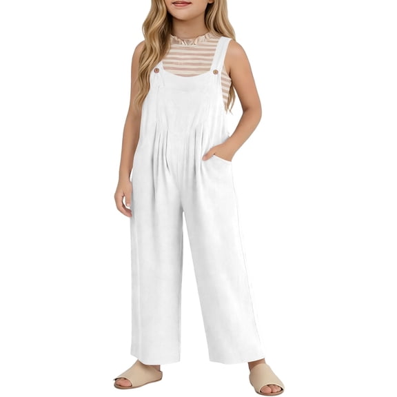 YMNXA Children Kids Girls Summer Romper Sleeveless Suspenders Solid Color Comfortable Fashion Jumpsuit With Pocket For Everyday Wear,White,9-10 Years