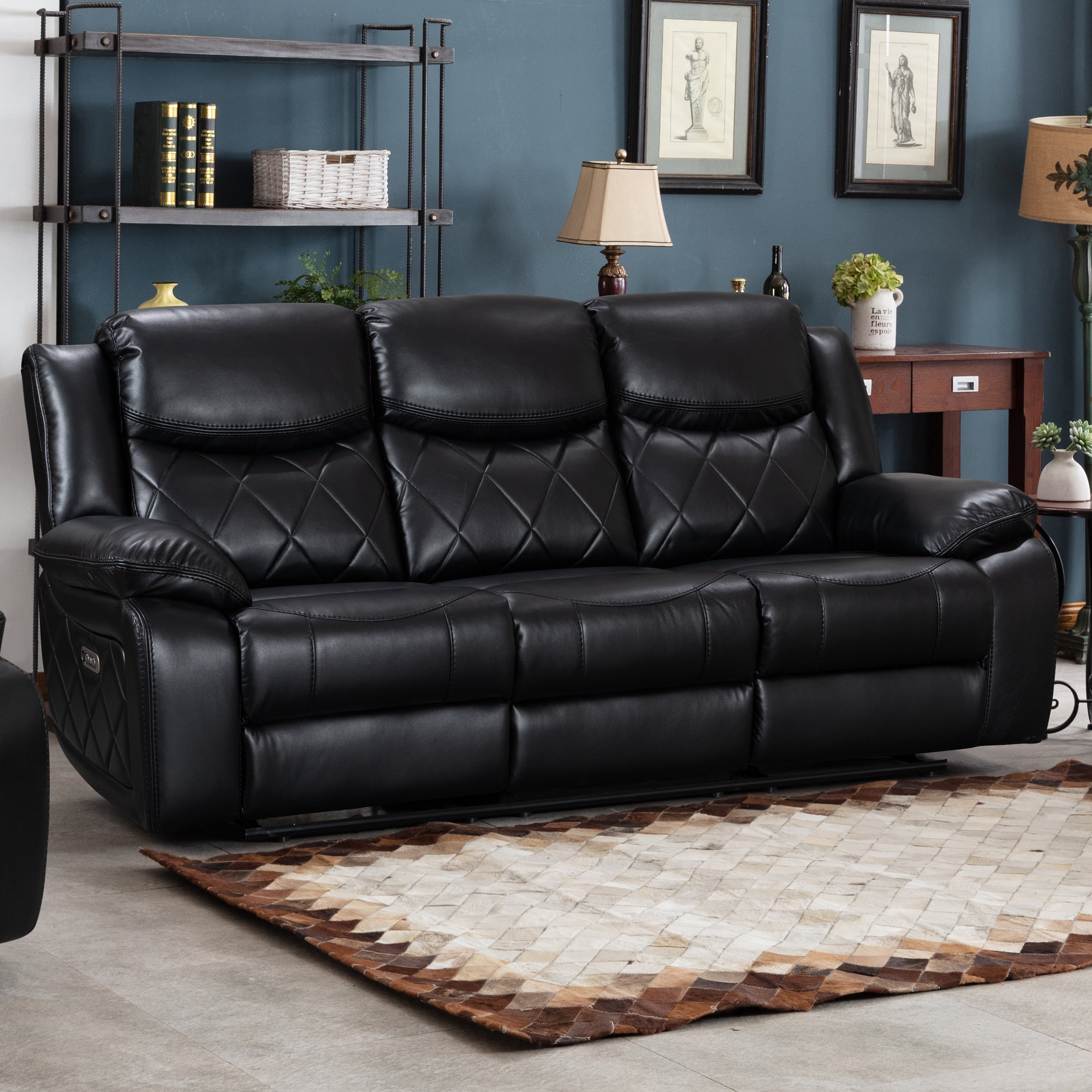 Contemporary Plush Faux Leather Upholstered Power Reclining Love Seat, Black