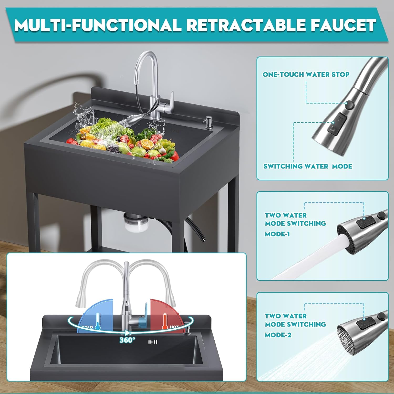 Gaonala 25.6in Stainless Steel Single Bowl Utility Sink Black Freestanding with Hoses Drain Kit for Bathroom Office
