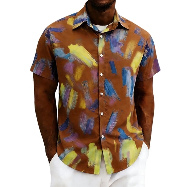 Mens Casual Manga Corta Botón Abajo Camisas Cuello Abierto Impreso Vacaciones de Verano, Camisas de Manga Corta de los Hombres Casual