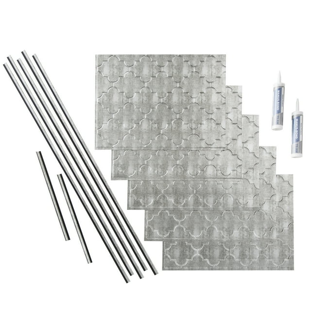 FASÄDE Monaco Decorative Vinyl Backsplash 15 sq ft Kit in Crosshatch Silver