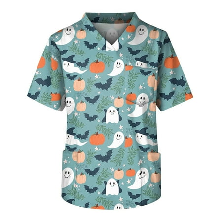 

Umitay Scrubs Men s Short Sleeve V Neck Halloween Print Chest Pocket Carer Top