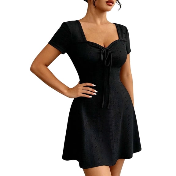 ClodeEU Women's Square Neck Front Tie Short Sleeve Mini Dress,Casual Slim Waist Flared A Line Sundress Black,Women's Plus L