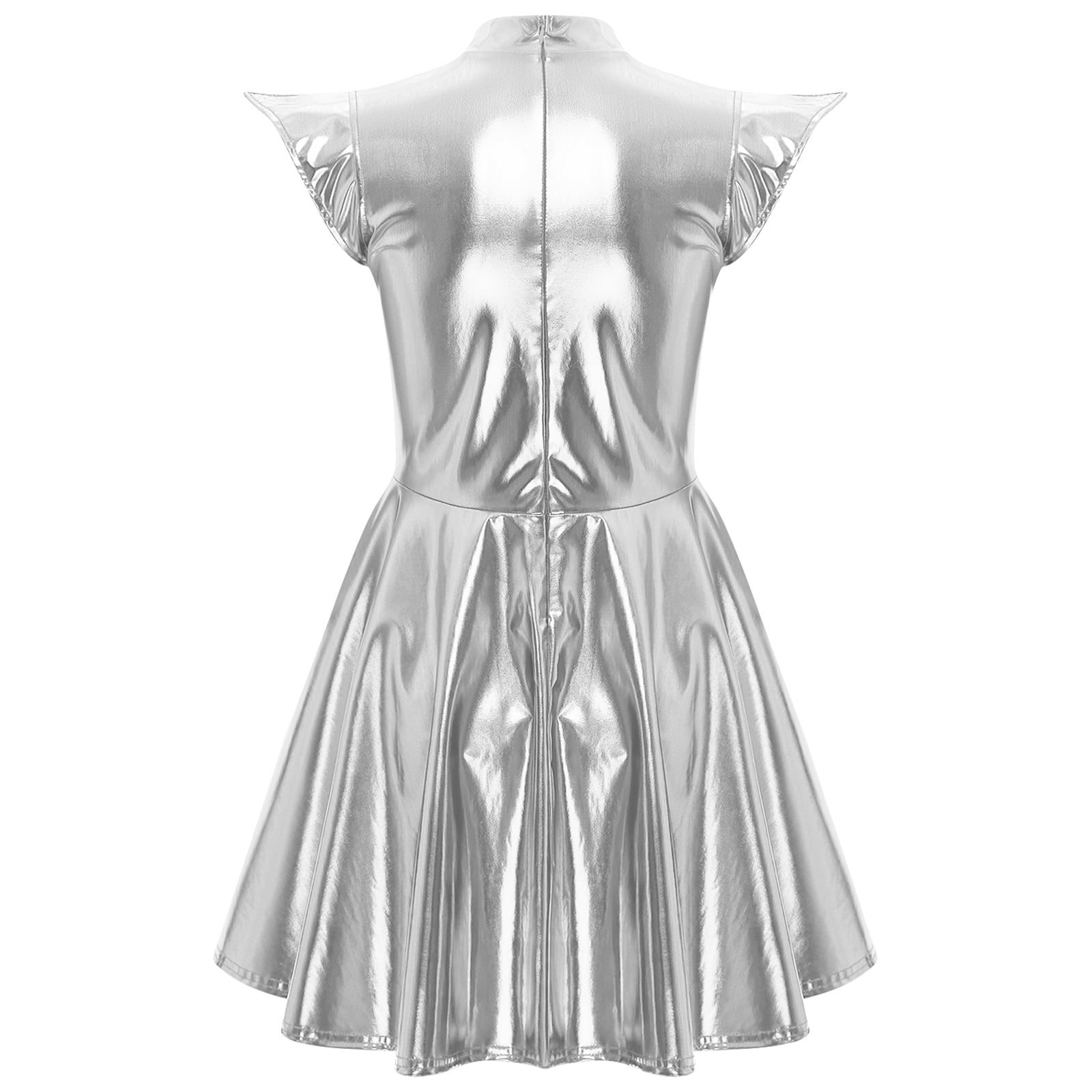 TiaoBug Women's Metallic Sleeveless Club Disco Holographic Dress Wet Look Pleated Dresses Silver M