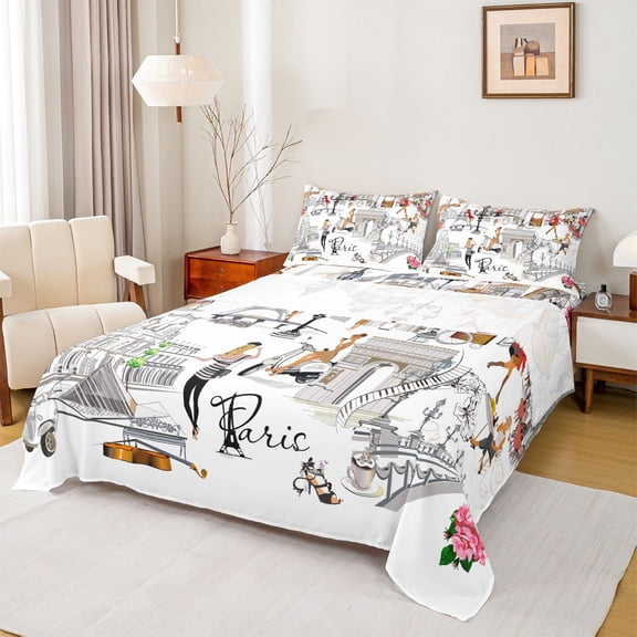 Homewish Fashion Paris Girl Queen Sheet Sets, Romantic Valentine's Day Flat Sheet, Teen Adult Girl Women Queen Fitted Sheet, Super Cozy Room Decor, 4-Piece