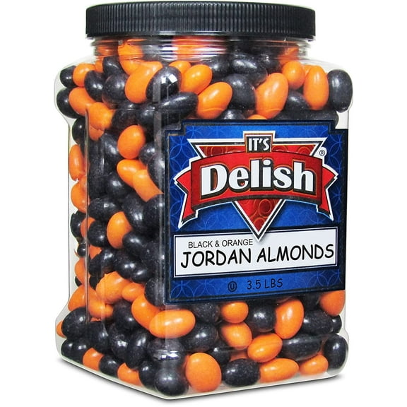Halloween Black & Orange Jordan Almonds by Its Delish, 3.5 lbs Jumbo Reusable Container  Sugared Almond Nut with Sweet Hard Candy Coating - Perfect for Wedding, Bridal and Baby Showers, Party -...