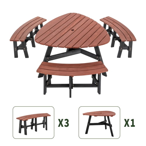 6-Person Semi-Circular Outdoor Picnic Table Set, Solid Fir Wood Dining Table with 3 Built-in Benches and Center Umbrella Hole, Rustic Brown Tabletop & Black Legs