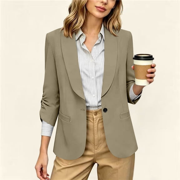 TaTaai Womens Blazer Three Quarter Sleeve Open Front Lapel Collar Solid Work Jacket with Pockets for Office Casual Gift