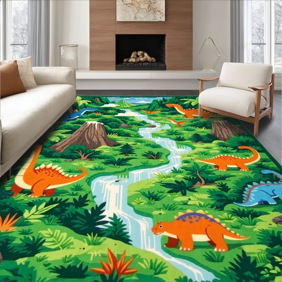 ODIKA 4'x6' Machine Washable Non-Slip Area Rug, Dino Delight Round Fun Play High Traffic Rug, Green, 85278