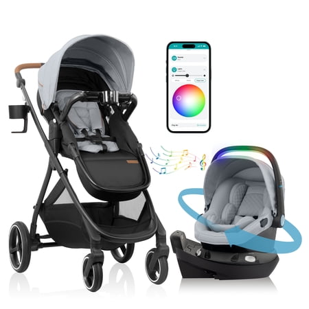 Evenflo Shyft Intuiti+ Travel System with Revolve180 LiteMax NXT Revolving Infant Car Seat, SensorySoothe and Green & Gentle, Quartz