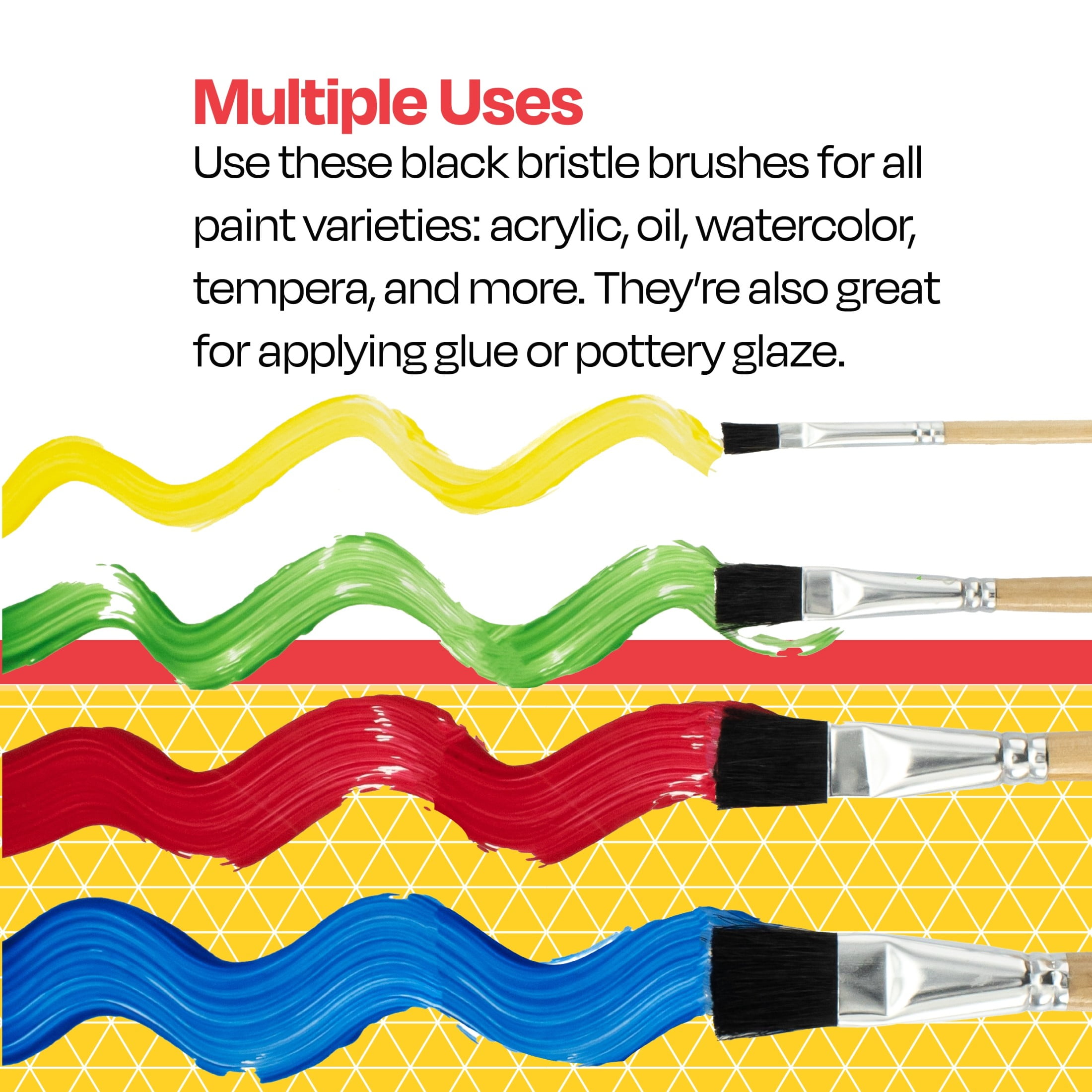 School Smart Interlocked Black Bristle Short Handle Paint Brush Set with Bucket, Assorted Size, Clear, Set of 72