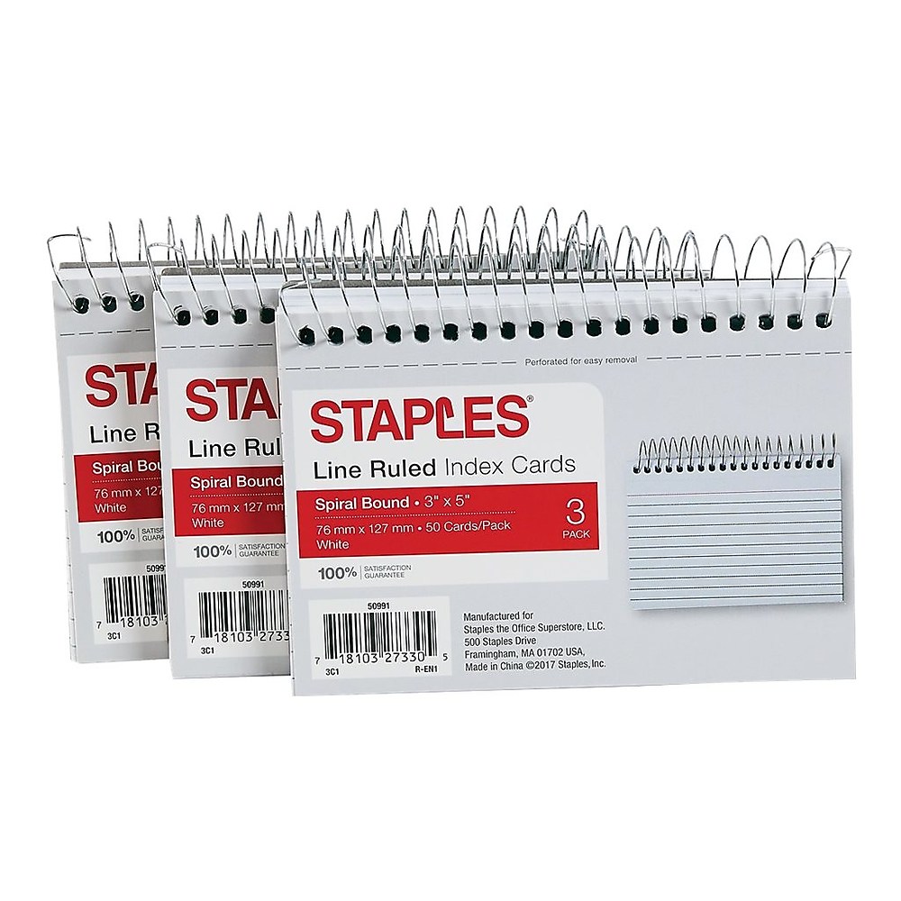 Staples 3" x 5" Line Ruled White SpiralBound Index Cards 3/Pack (50991