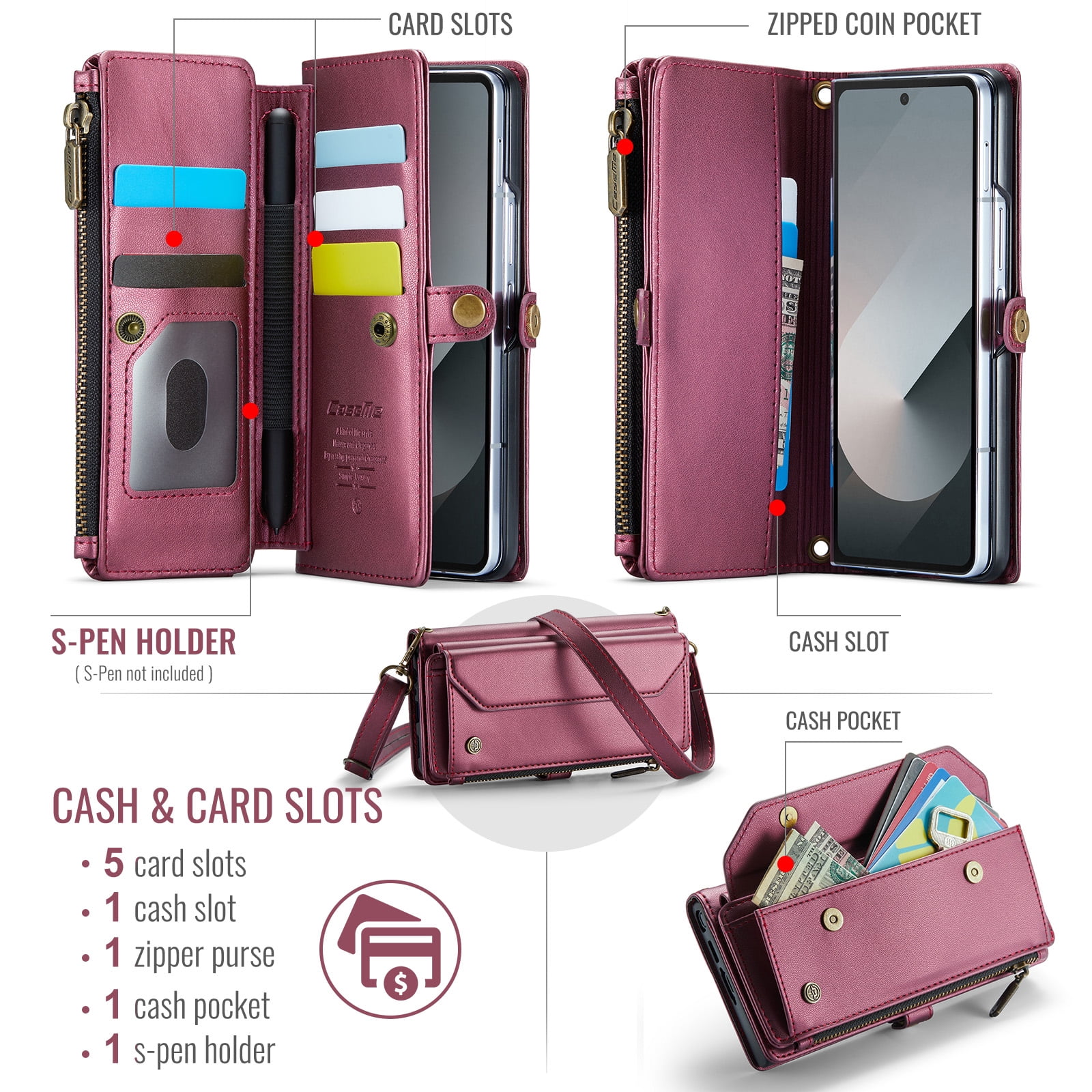 Allytechgroup Crossybody Purse Wallet Case for Samsung Galaxy Z Fold 6, RFID Blocking Zipper Pocket Shoulder Strap Hand Wrist Flip Shockproof Phone Case for Girls Women, Winered
