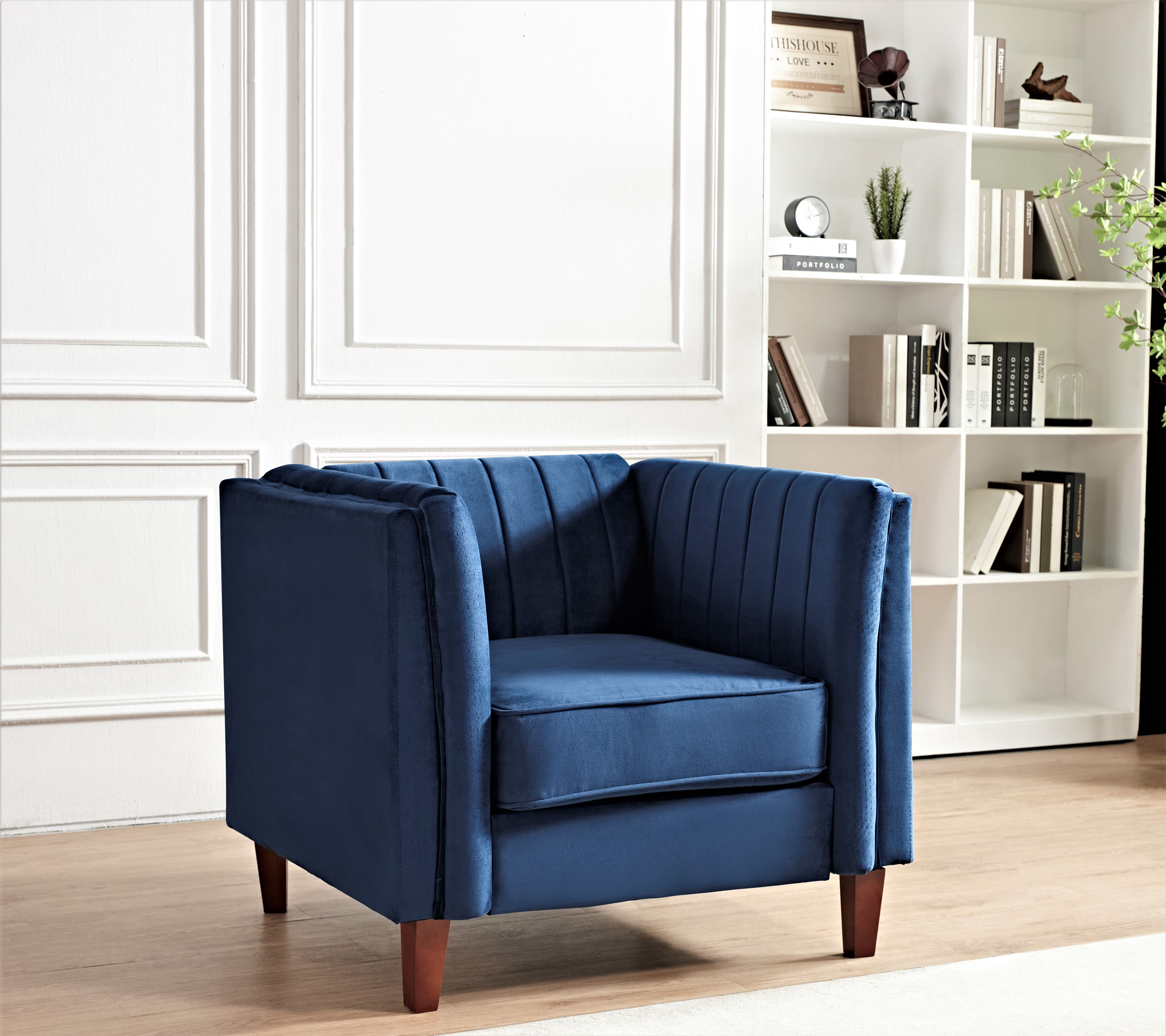 Uspridefurniture Plainfield Line Tufted Square Design Velvet Armchair, Blue