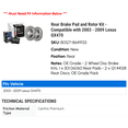 thumbnail image 2 of Rear Brake Pad and Rotor Kit - Compatible with 2003 - 2009 GX470 2004 2005 2006 2007 2008, 2 of 2