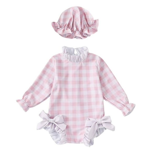 QUOTAY Maillot de Bain Bébé Fille à Carreaux et Couleur Unie une-Pièce à Manches Longues pour l'Été Plage et Piscine Maillot de Bain Filles Rose,90
