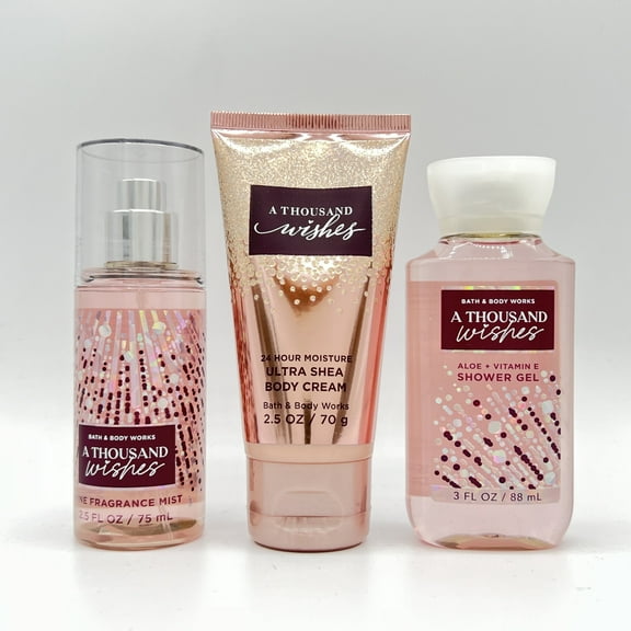 Bath & Body Works A Thousand Wishes Travel Size 2.5oz Fragrance Mist, 2.5oz Body Cream and 3oz Shower Gel 3-Piece Bundle