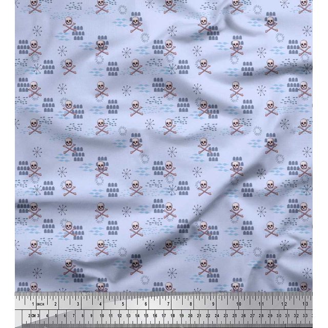 Soimoi Blue Satin Silk Fabric Crossbone & Skull Halloween Fabric Prints By Yard 42 Inch Wide