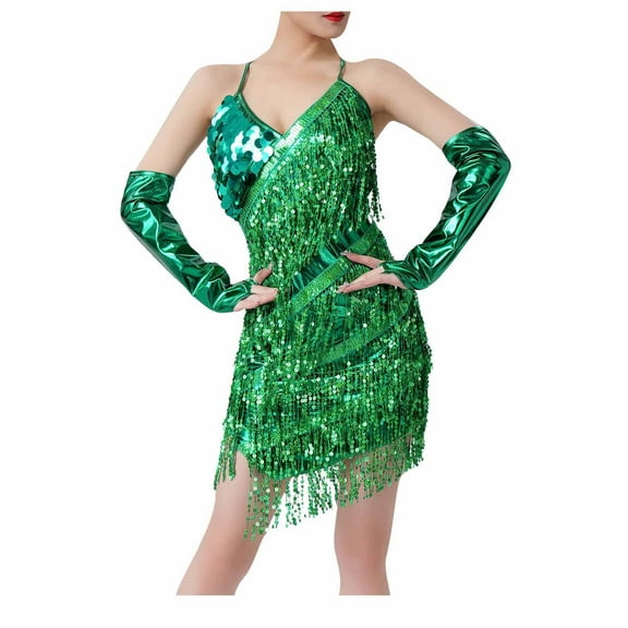 Oplxuo Women's Sequins Fringe Latin Dance Costumes Gatsby Cocktail Party Flapper Dress Sexy Tango Ballroom Rumba Outfits