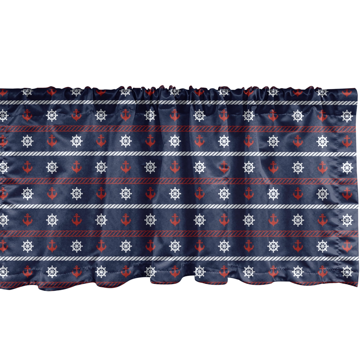 Navy Blue Window Valance, Horizontal Borders with Nautical Elements Marine Rope Anchor and Helm