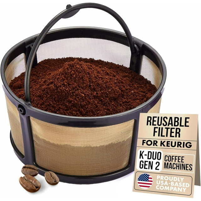 Reusable Keurig Mesh Coffee Filter Basket for K Duo, K-Duo Essentials, Keurig Duo Hot & Iced Coffee Makers by – Refillable Gold Tone Carafe Filter for Ground Coffee