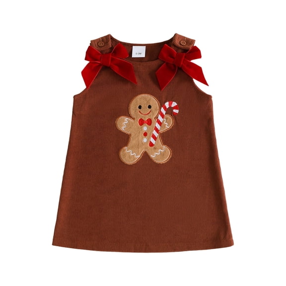 Loicainy Baby Toddler Girl Christmas Corduroy Dress 6 12 18 24 Months 2T 3T Bows Gingerbread Man Sleeveless Dresses