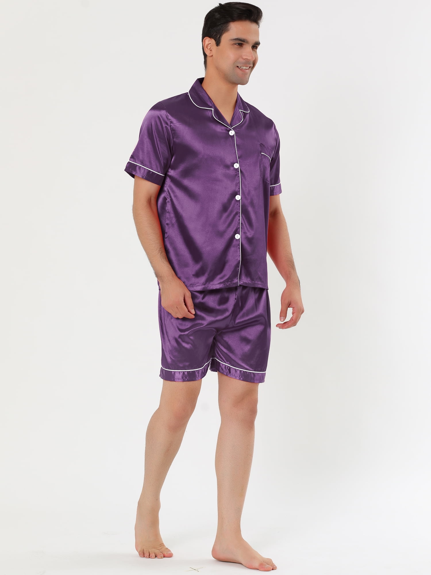Unique Bargains Men's Sleepwear Short Sleeve Top and Pants Satin Pajama Set S Purple