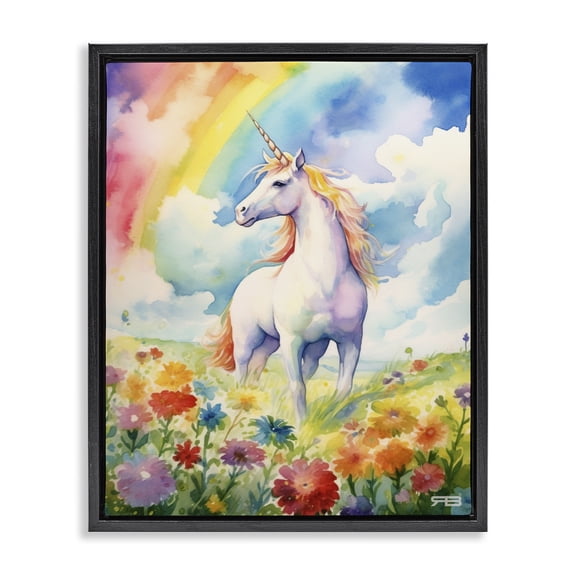 Stupell Industries Bohemian Unicorn in Rainbow Meadow Black Floating Frame Canvas Art, 17 x 21, by RB