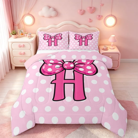 meiyoeat Polka Dot Letter Monogram Full Size Comforter Sets For Girls,Cute Coquette Bow Bedding Comforter Set,Pink Reversible,3-Piece,1 Comforter and 2 Pillowcases