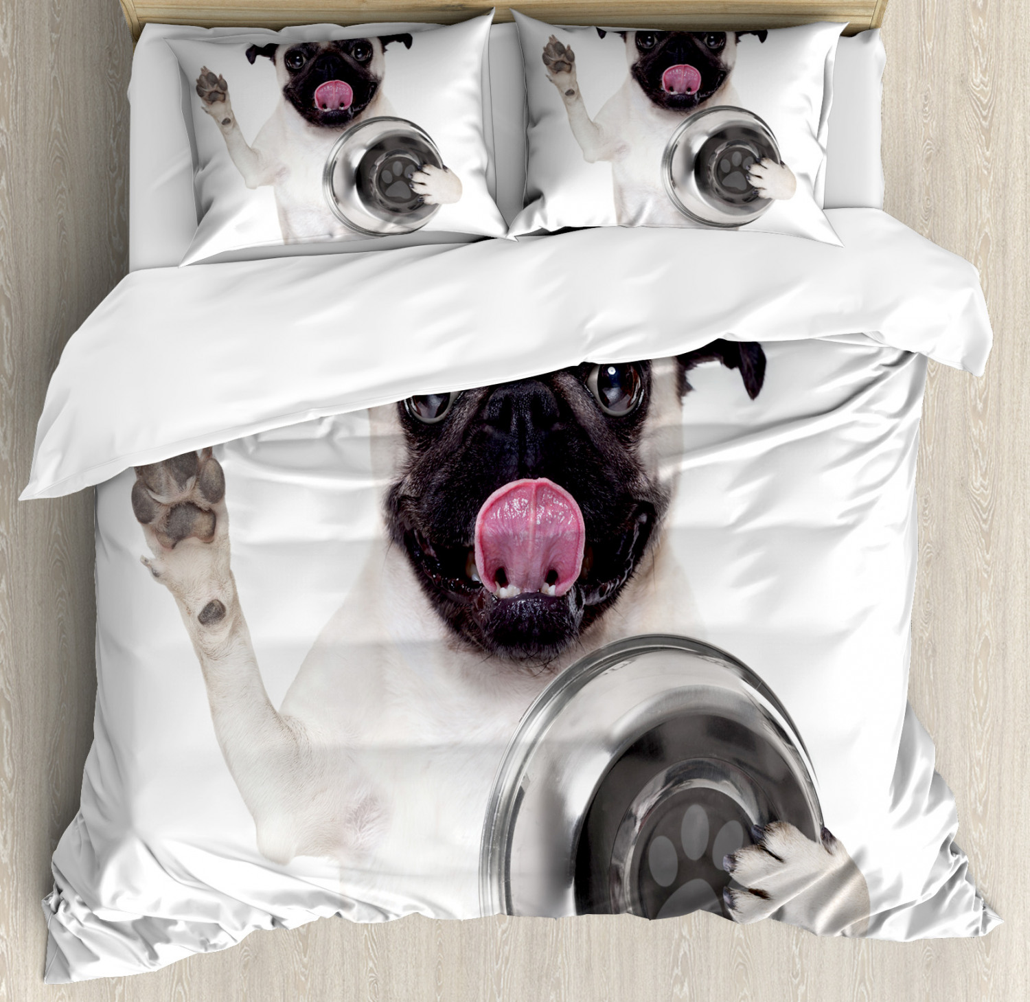 Pug Queen Size Duvet Cover Set, Cute Pug Holding Food Bowl and Licking