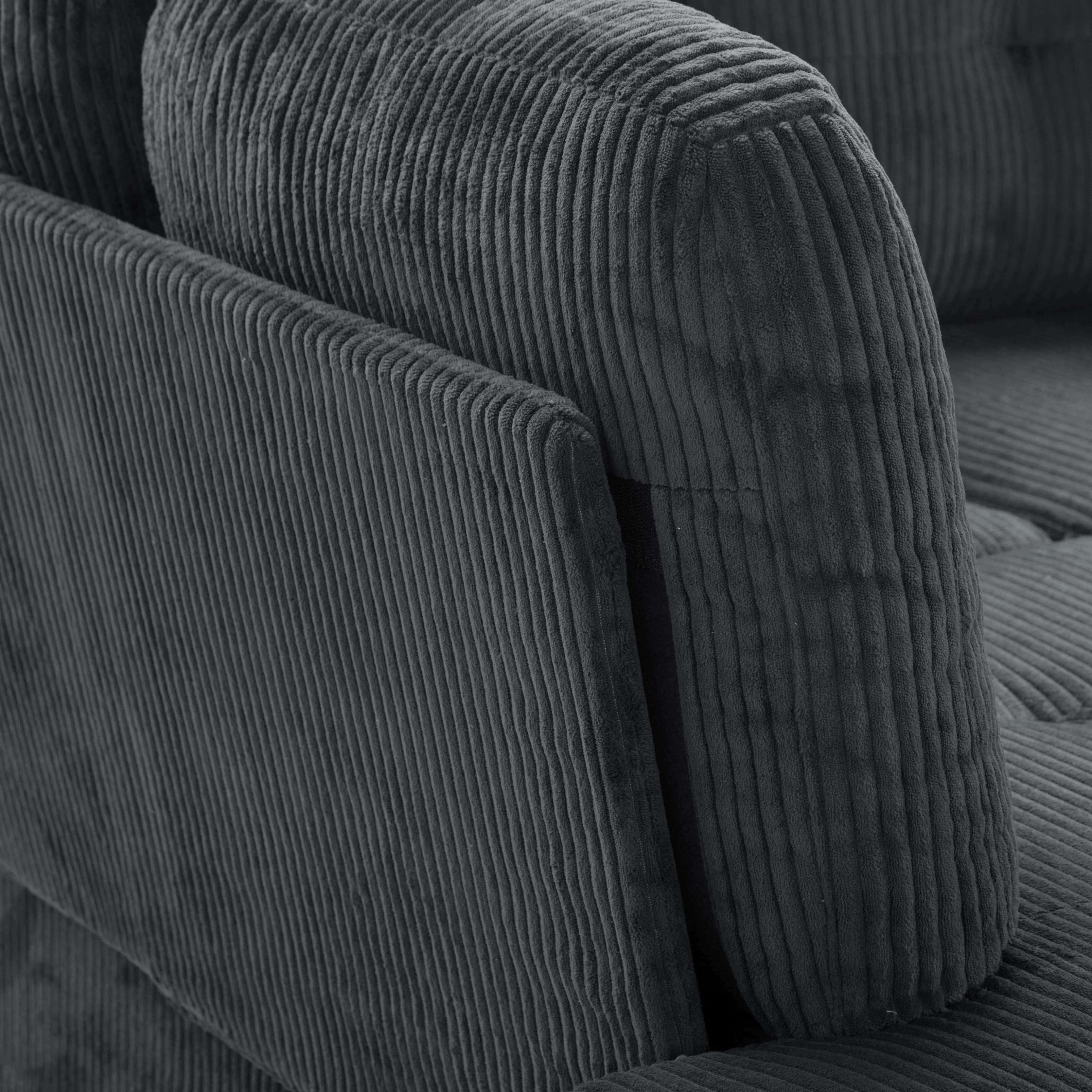 BSHTI 94.49”L-Shaped Modular Sectional Sofa, with Convenient Storage Ottoman, Corduroy Fabric, Drop-Down Middle Backrest with Two Built-In Cup Holders, Dark Gray