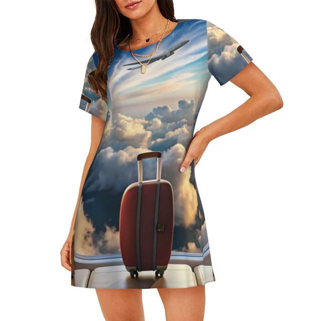Easygdp Sunset Airplane Travel View Camisón de manga corta para mujer, informal, estampado